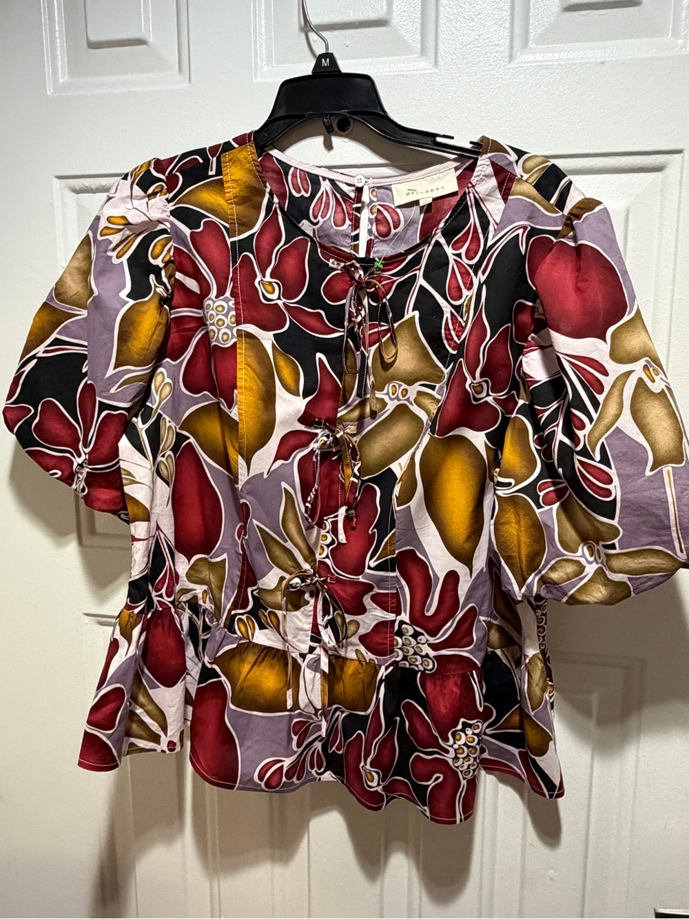MELLODAY Floral Tie-Front Peplum Blouse in Red, Gold & Lavender